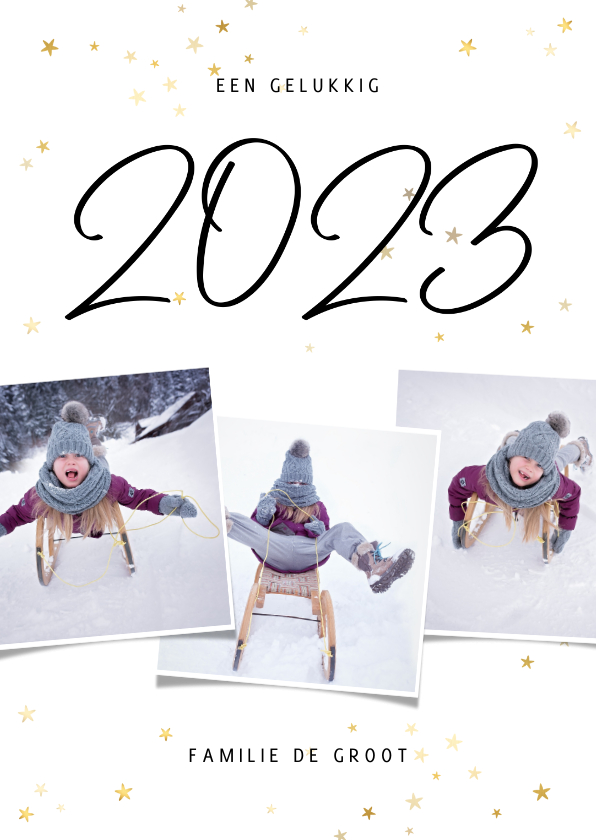 Kerstkaart fotocollage handgeschreven 2022 en gouden sterren - Kerstkaarten Kerstkaarten - Kerstkaart fotocollage handgeschreven 2022 en gouden sterren