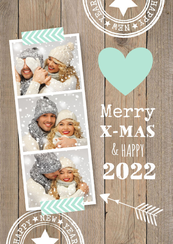 Kerstkaart fotocollage hout hartje mintgroen - Kerstkaarten Kerstkaarten - Kerstkaart fotocollage hout hartje mintgroen