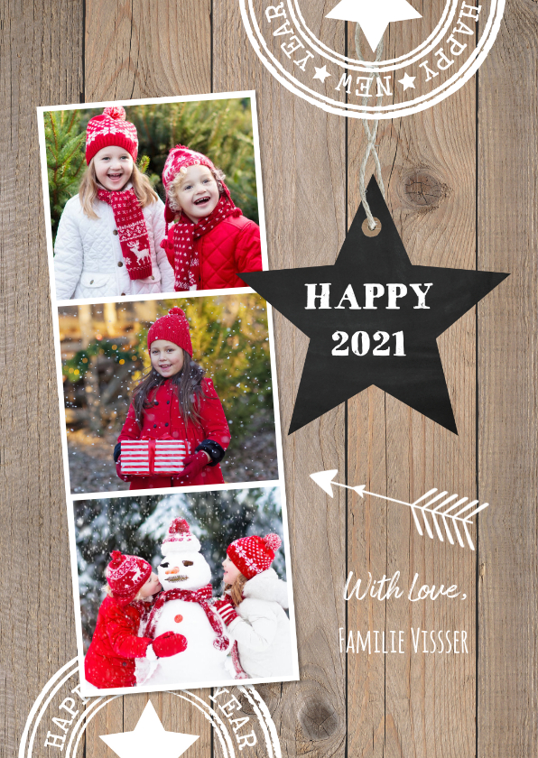 Kerstkaart fotocollage houtlook ster - Kerstkaarten Kerstkaarten - Kerstkaart fotocollage houtlook ster