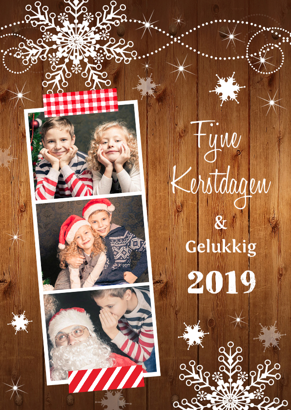 Kerstkaart fotocollage houtprint sneeuwvlokken - Kerstkaarten Kerstkaarten - Kerstkaart fotocollage houtprint sneeuwvlokken