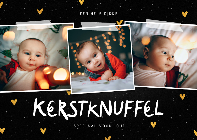 Kerstkaarten - Kerstkaart fotocollage knuffel met sneeuw en gouden hartjes