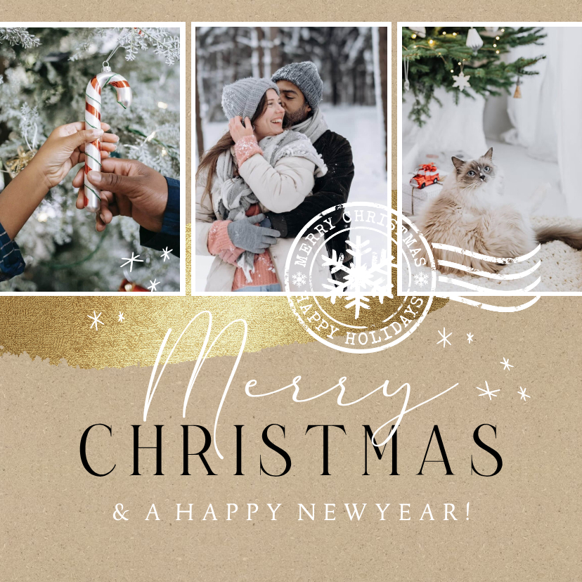 Kerstkaart fotocollage kraft goudlook sterren stempel - Kerstkaarten Kerstkaarten - Kerstkaart fotocollage kraft goudlook sterren stempel