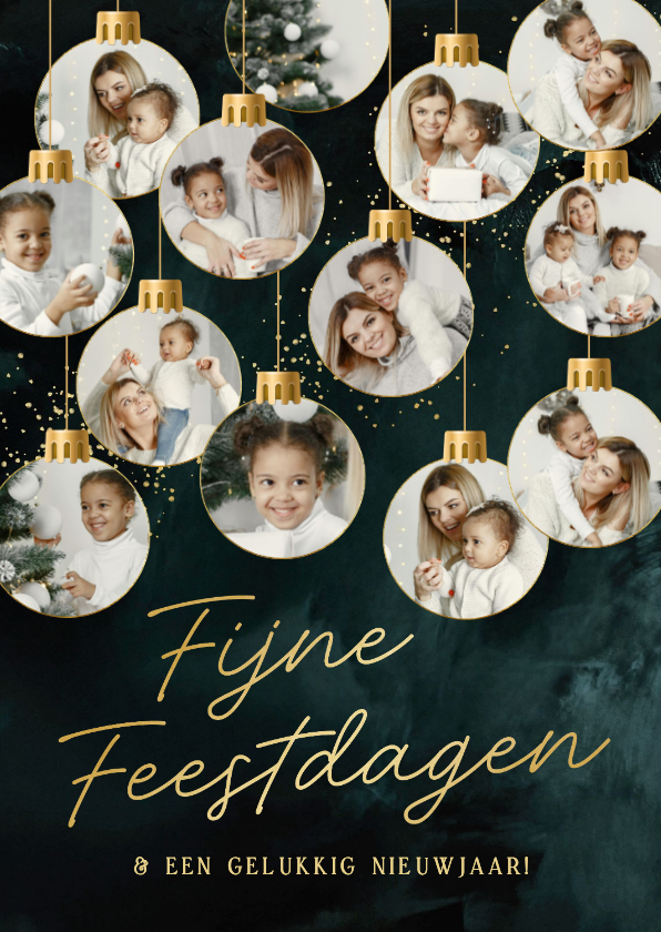 Kerstkaarten - Kerstkaart fotocollage met 13 kerstballen teal goud