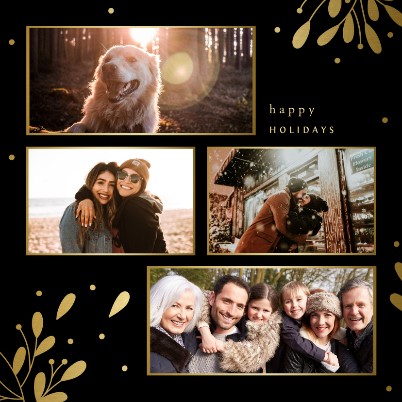 Kerstkaart fotocollage met besjes en takjes goud - Kerstkaarten Kerstkaarten - Kerstkaart fotocollage met besjes en takjes goud