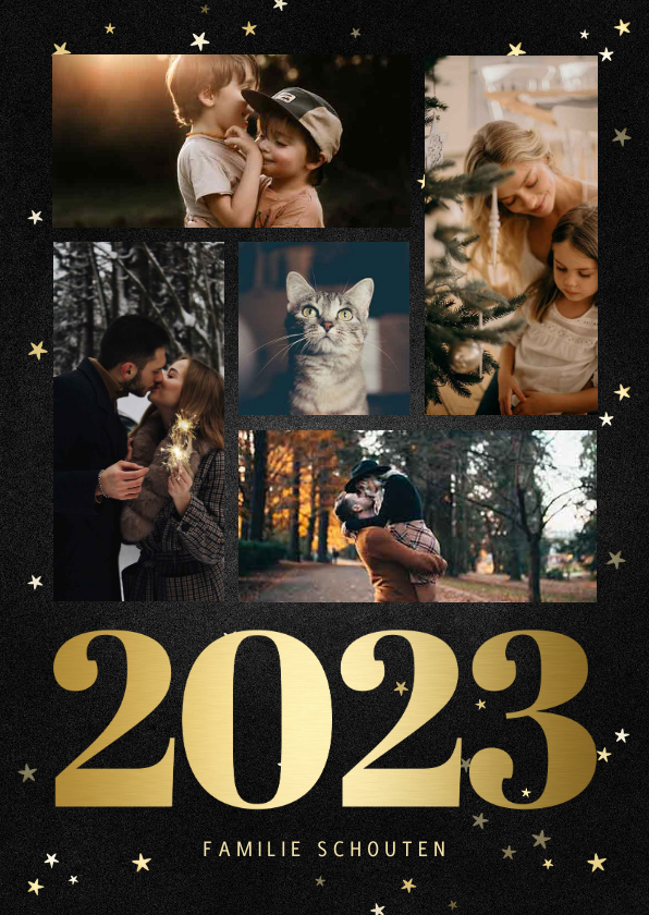 Kerstkaart fotocollage met gouden 2022 en sterren - Kerstkaarten Kerstkaarten - Kerstkaart fotocollage met gouden 2022 en sterren