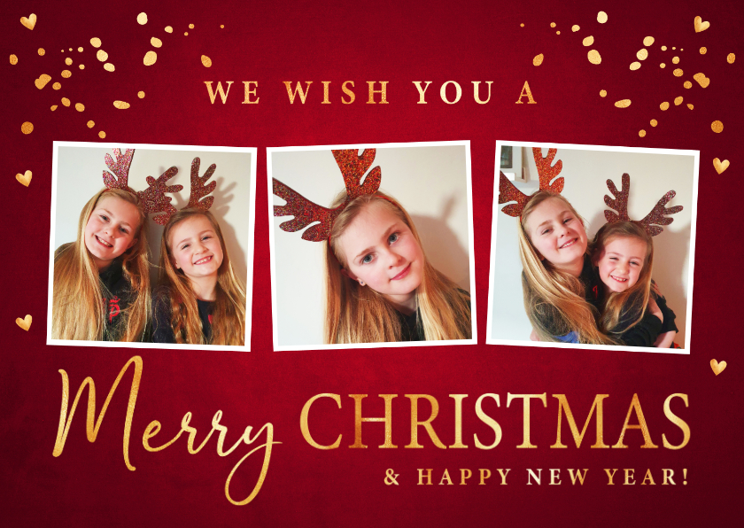 Kerstkaart fotocollage rood lampjes confetti - Kerstkaarten Kerstkaarten - Kerstkaart fotocollage rood lampjes confetti