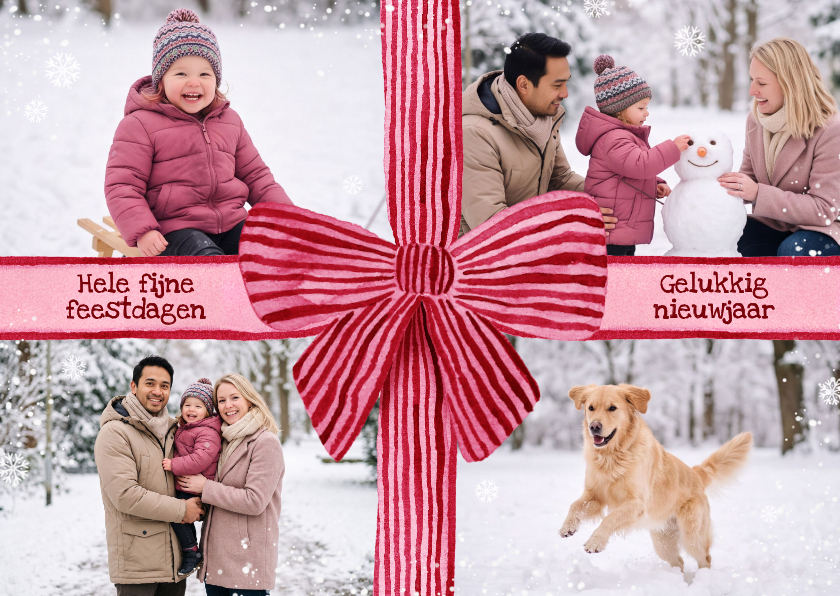 Kerstkaart fotocollage strik roze rood sneeuw hip - Kerstkaarten Kerstkaarten - Kerstkaart fotocollage strik roze rood sneeuw hip
