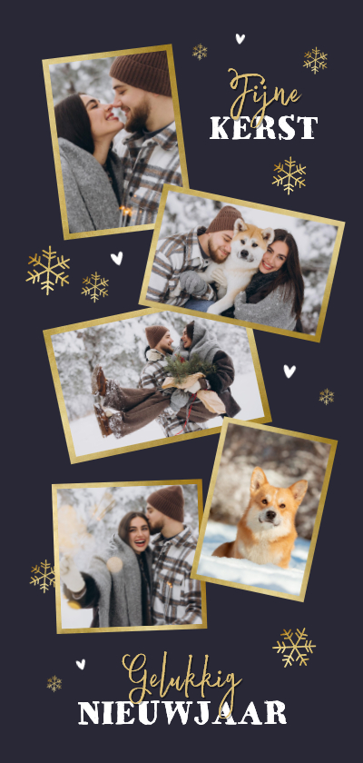 Kerstkaarten - Kerstkaart fotocollage winter sneeuwvlokken goud foto's