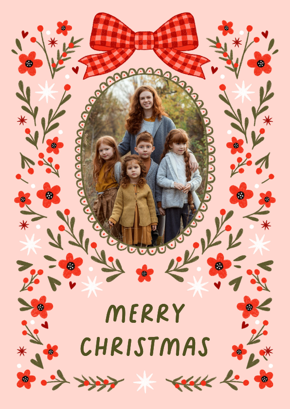 Kerstkaart fotokaart strik bloemen rood roze - Kerstkaarten Kerstkaarten - Kerstkaart fotokaart strik bloemen rood roze
