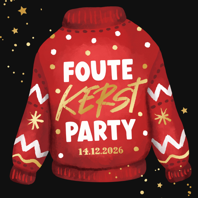 Kerstkaart foute kerst party uitnodiging kersttrui goud - Kerstkaarten Kerstkaarten - Kerstkaart foute kerst party uitnodiging kersttrui goud