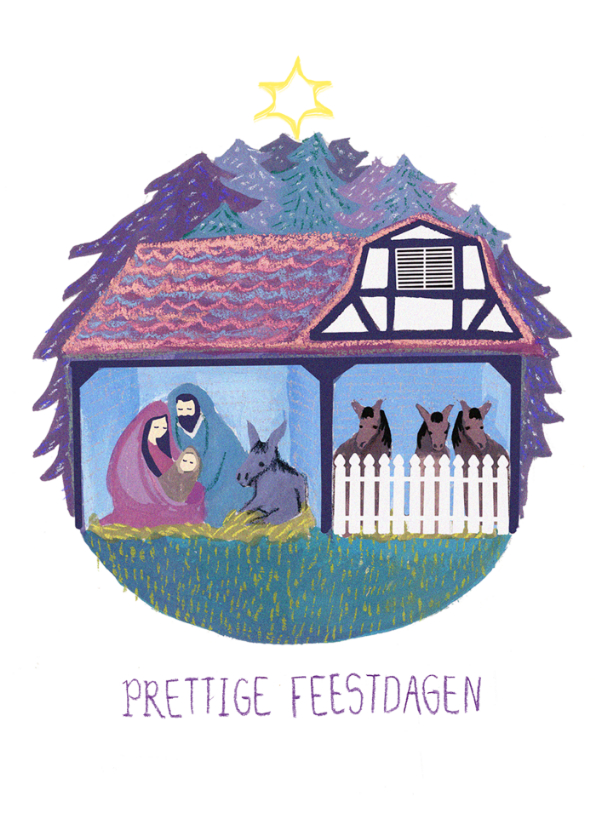 Kerstkaart geïllustreerde kerststal - Kerstkaarten Kerstkaarten - Kerstkaart geïllustreerde kerststal
