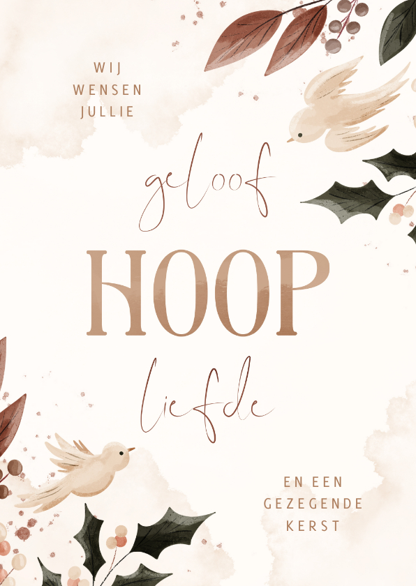 Kerstkaarten - Kerstkaart geloof hoop liefde met takjes en duiven