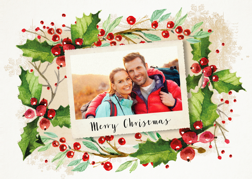 Kerstkaart gezellig met hulst en eigen foto - Kerstkaarten Kerstkaarten - Kerstkaart gezellig met hulst en eigen foto