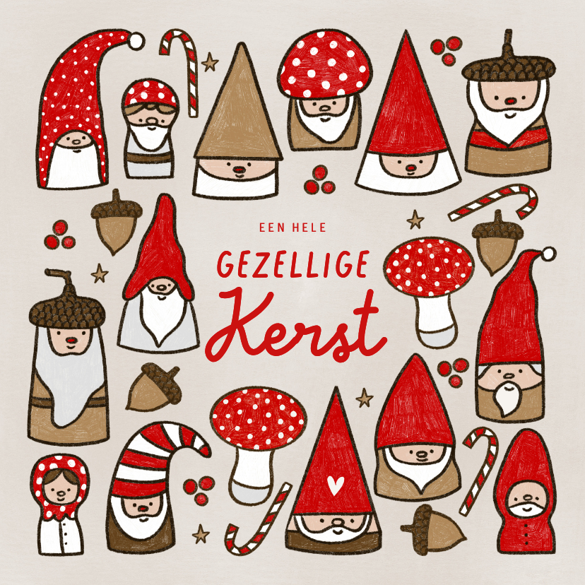 Kerstkaart gezellige kabouters paddestoelen en eikeltjes - Kerstkaarten Kerstkaarten - Kerstkaart gezellige kabouters paddestoelen en eikeltjes