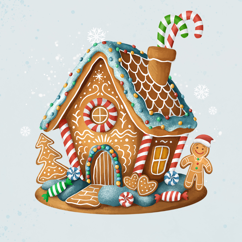 Kerstkaarten - Kerstkaart gingerbread huisje snoep illustratie 
