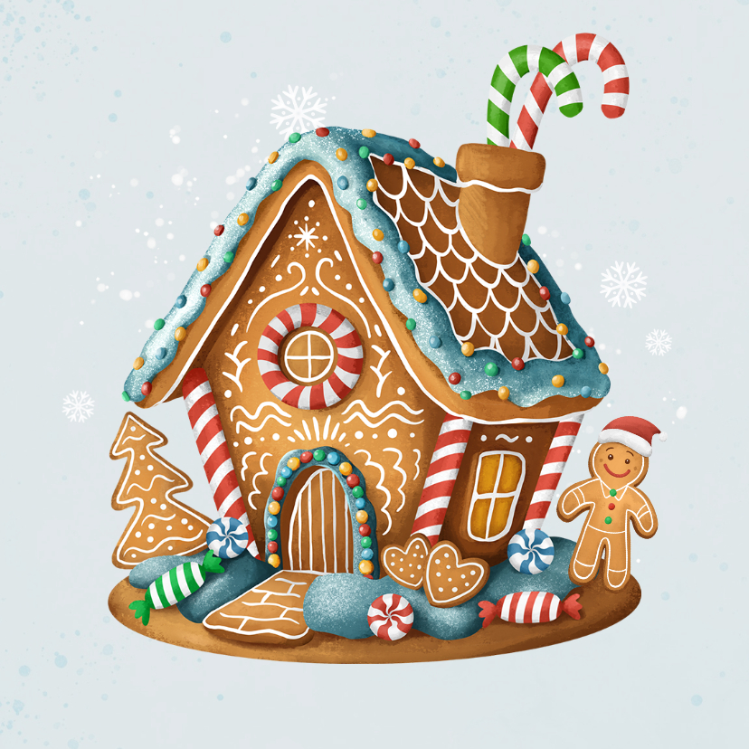 Kerstkaart gingerbread huisje snoep illustratie - Kerstkaarten Kerstkaarten - Kerstkaart gingerbread huisje snoep illustratie