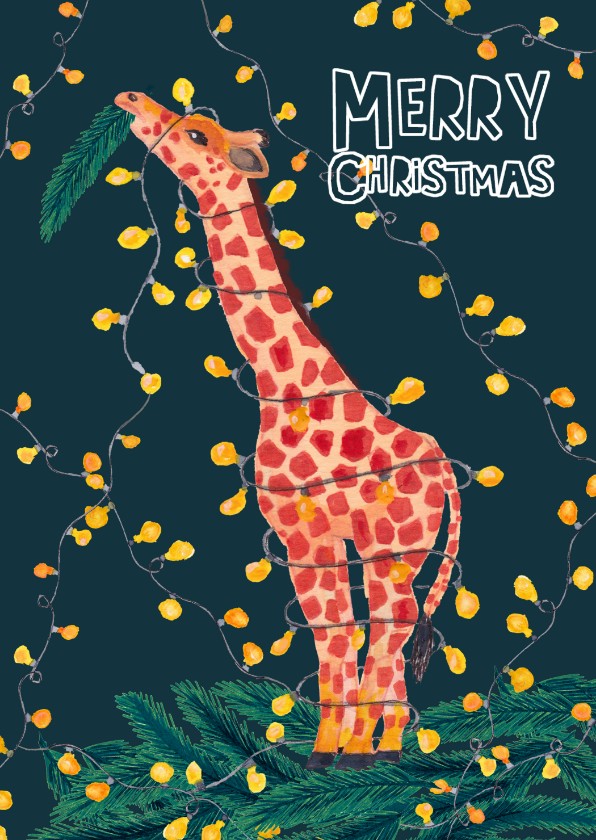 Kerstkaarten - Kerstkaart giraffe met lichtjes