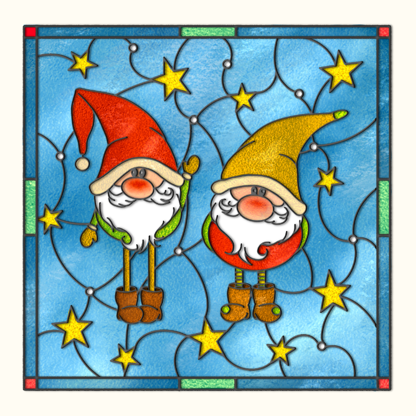 Kerstkaarten - Kerstkaart glas-in-lood kabouters