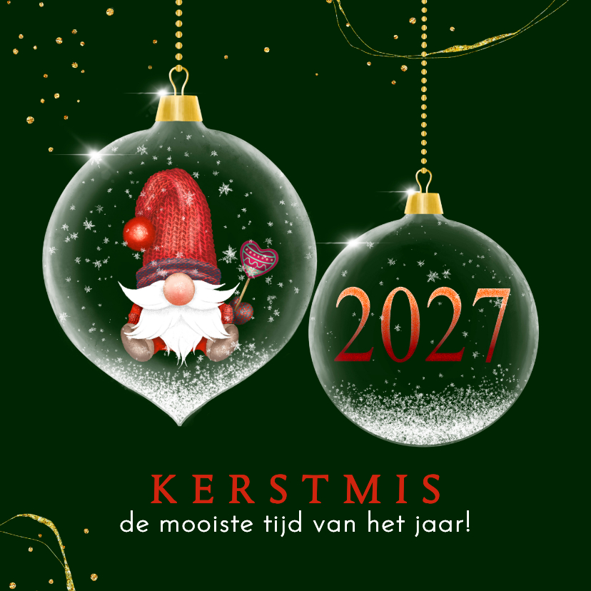 Kerstkaart glazen kerstbal met kabouter 2027 - Kerstkaarten Kerstkaarten - Kerstkaart glazen kerstbal met kabouter 2027