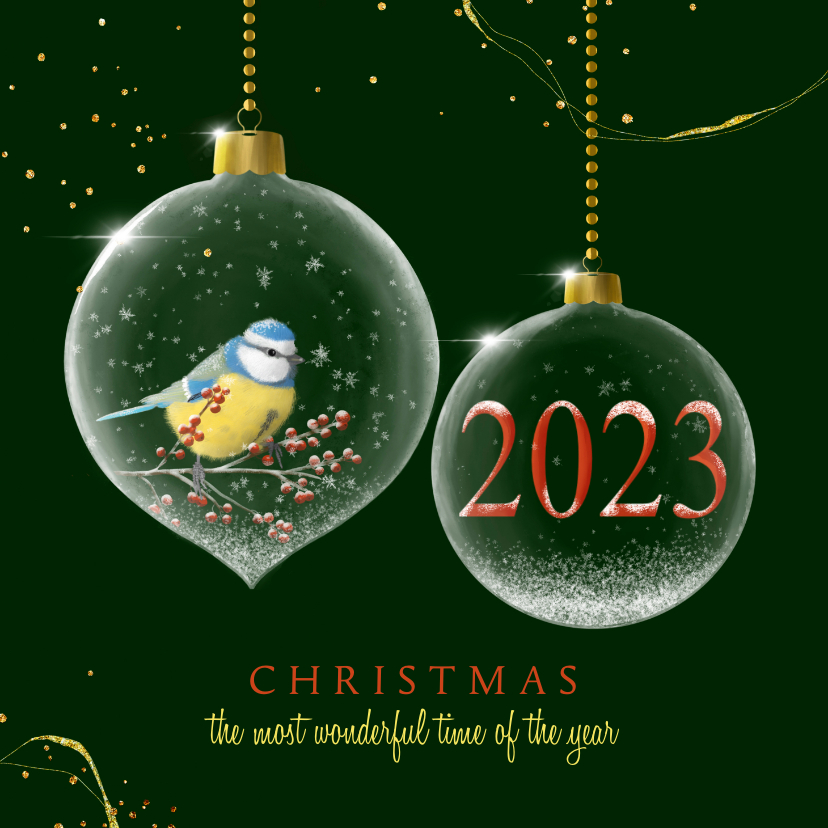 Kerstkaarten - Kerstkaart glazen kerstbal met vogel 2023