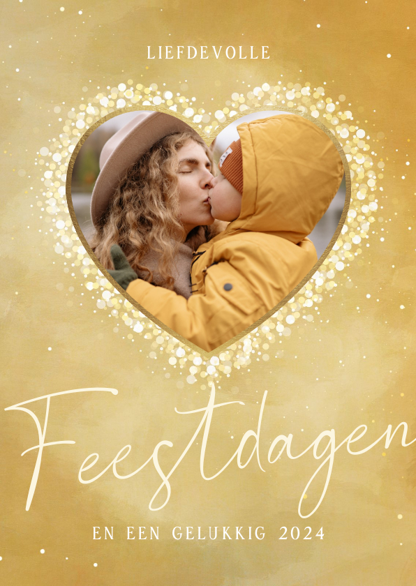 Kerstkaart goud hart van sparkles met foto - Kerstkaarten Kerstkaarten - Kerstkaart goud hart van sparkles met foto