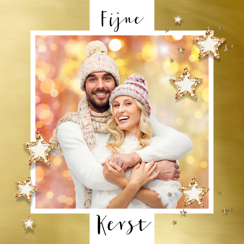 Kerstkaart goud kader en sterren bij eigen foto - Kerstkaarten Kerstkaarten - Kerstkaart goud kader en sterren bij eigen foto