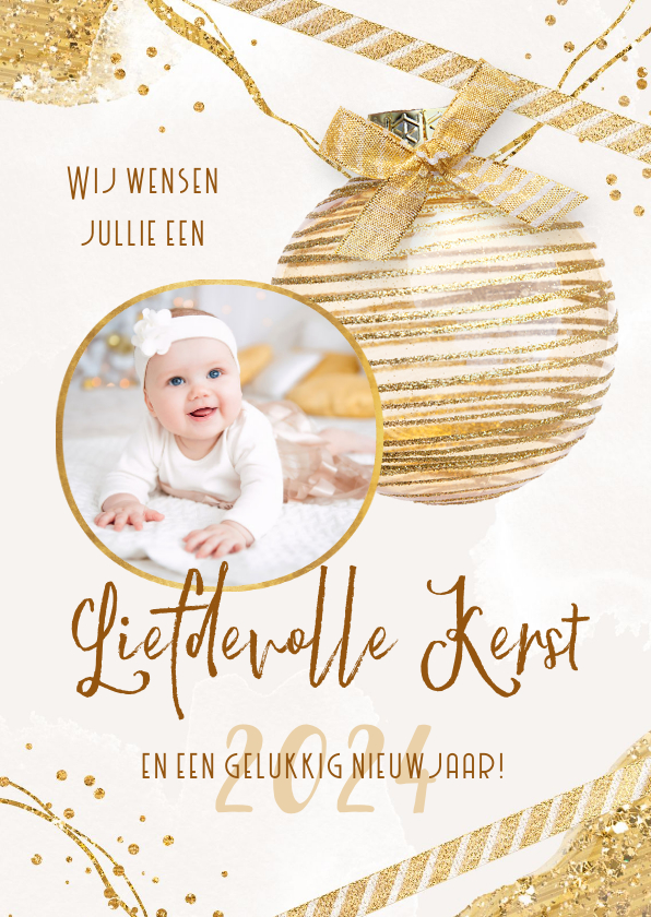 Kerstkaarten - Kerstkaart goud stijlvol kerstbal foto glitter verf