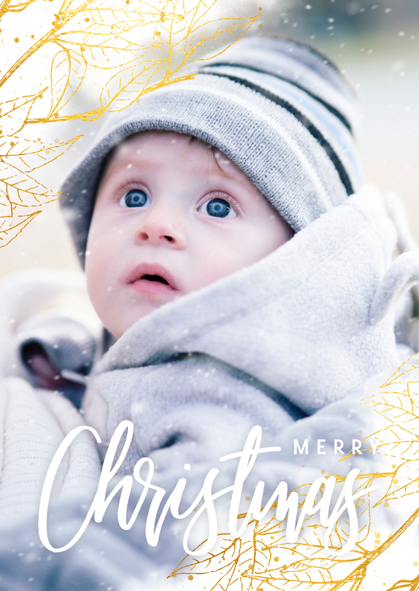 Kerstkaart gouden bladeren met waterverf en grote foto - Kerstkaarten Kerstkaarten - Kerstkaart gouden bladeren met waterverf en grote foto