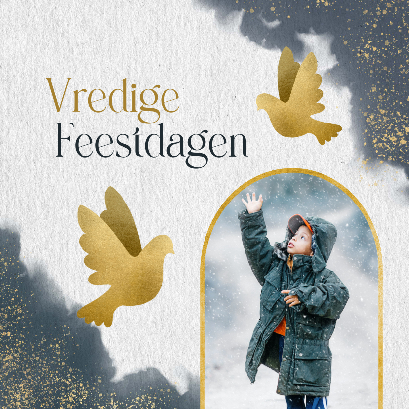 Kerstkaarten - Kerstkaart gouden duiven blauwe waterverf en typografie