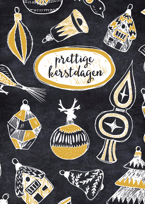 Kerstkaart gouden hangers op krijtbord - Kerstkaarten Kerstkaarten - Kerstkaart gouden hangers op krijtbord