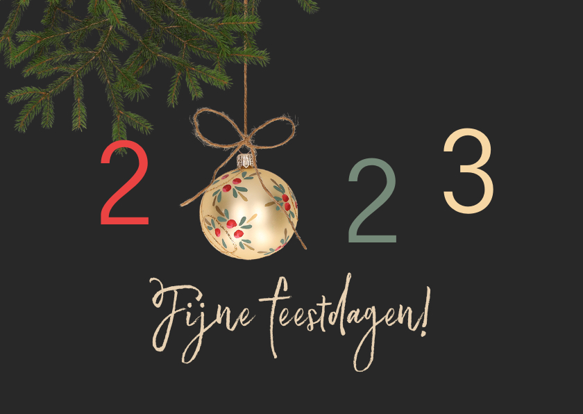 Kerstkaart gouden kerstballen 2024 colors | Kaartje2go