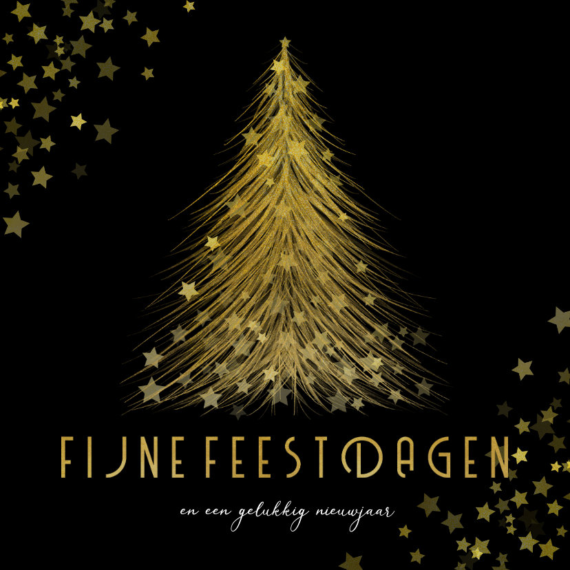 Kerstkaarten - Kerstkaart gouden kerstboom met sterren Fijne Feestdagen