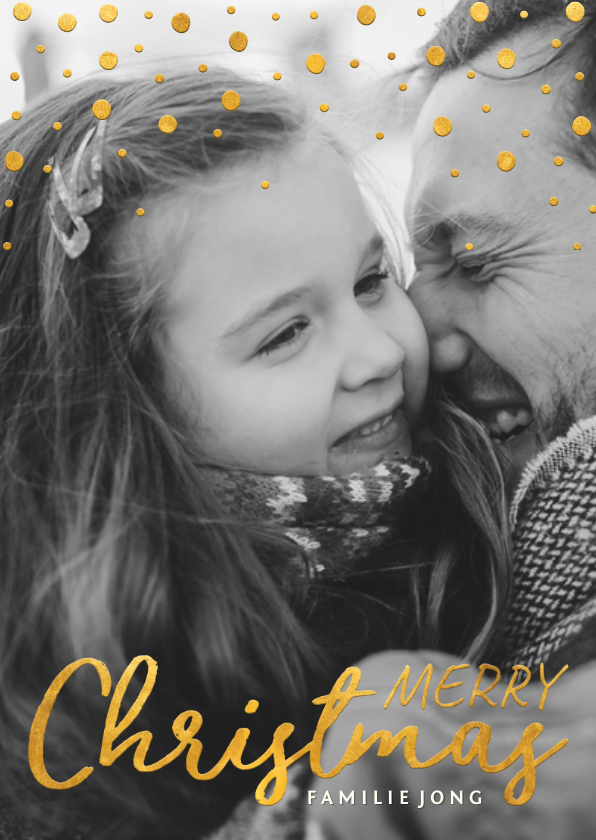 Kerstkaart gouden kerstwens en confetti met grote foto - Kerstkaarten Kerstkaarten - Kerstkaart gouden kerstwens en confetti met grote foto