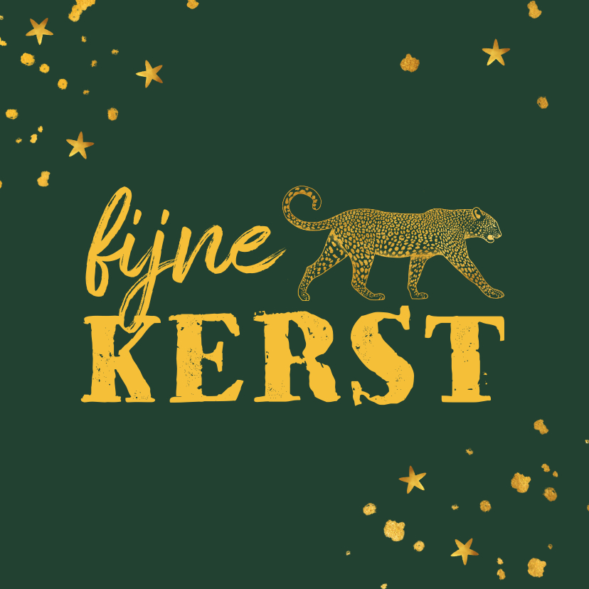 Kerstkaart gouden luipaard met spetters en sterren - Kerstkaarten Kerstkaarten - Kerstkaart gouden luipaard met spetters en sterren