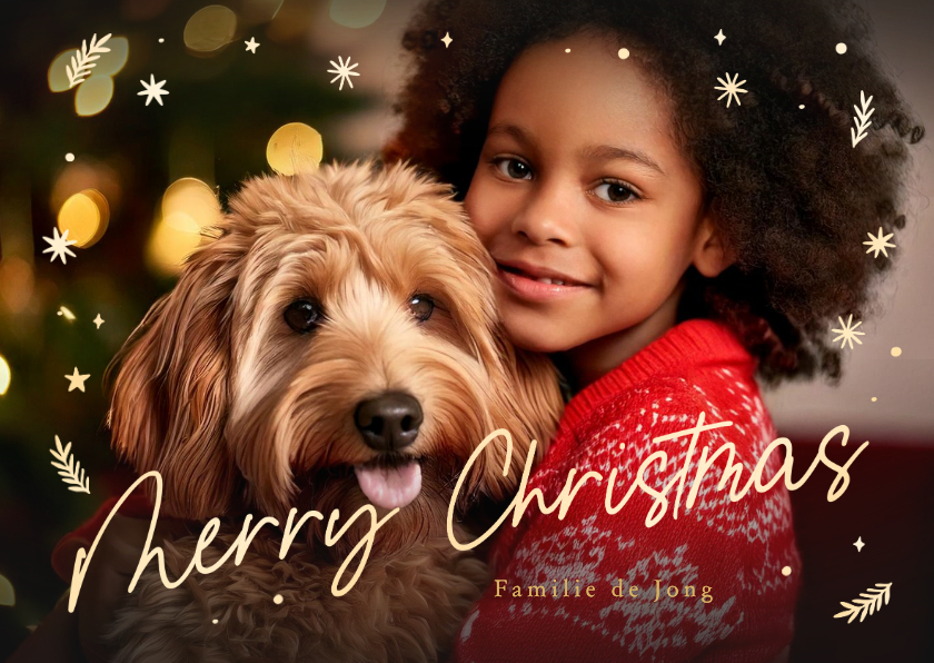 Kerstkaart gouden sterren en grote eigen foto - Kerstkaarten Kerstkaarten - Kerstkaart gouden sterren en grote eigen foto