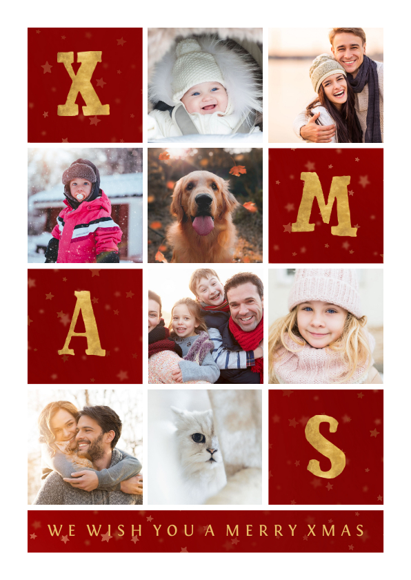 Kerstkaart gouden XMAS met vakjes en foto's - Kerstkaarten Kerstkaarten - Kerstkaart gouden XMAS met vakjes en foto's