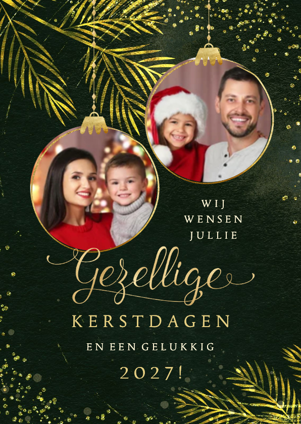 Kerstkaart goudlook sprankelend fotocollage kerstballen - Kerstkaarten Kerstkaarten - Kerstkaart goudlook sprankelend fotocollage kerstballen