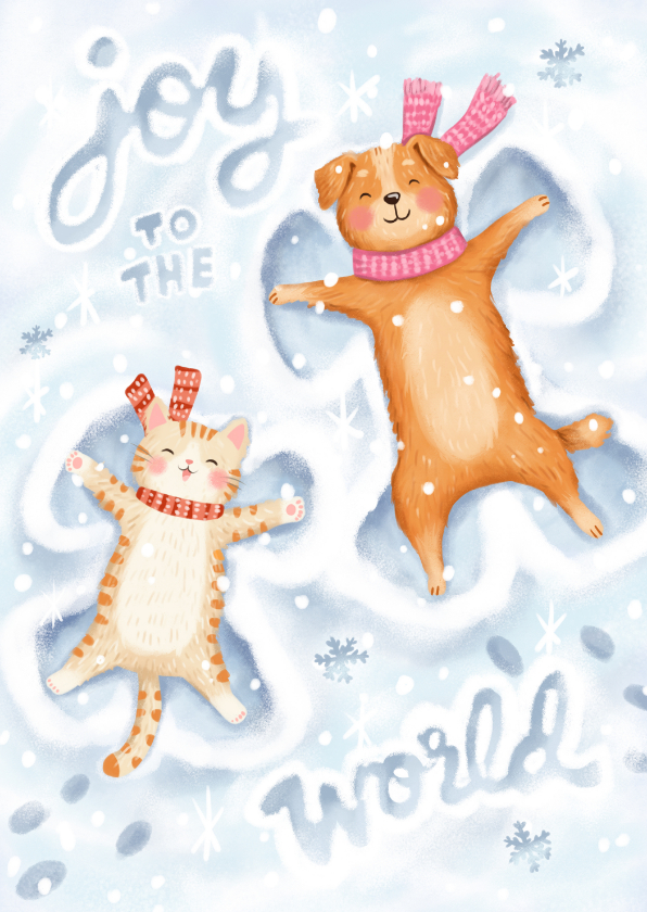 Kerstkaarten - Kerstkaart grappig sneeuw hond kat joy to the world winter 