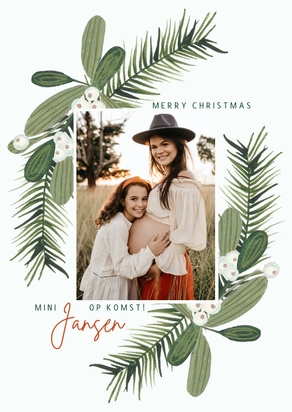kerstkaart groen en besjes baby op komst - Kerstkaarten Kerstkaarten - kerstkaart groen en besjes baby op komst