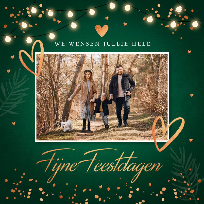 Kerstkaart groen foto lampjes confetti koperlook hartjes - Kerstkaarten Kerstkaarten - Kerstkaart groen foto lampjes confetti koperlook hartjes