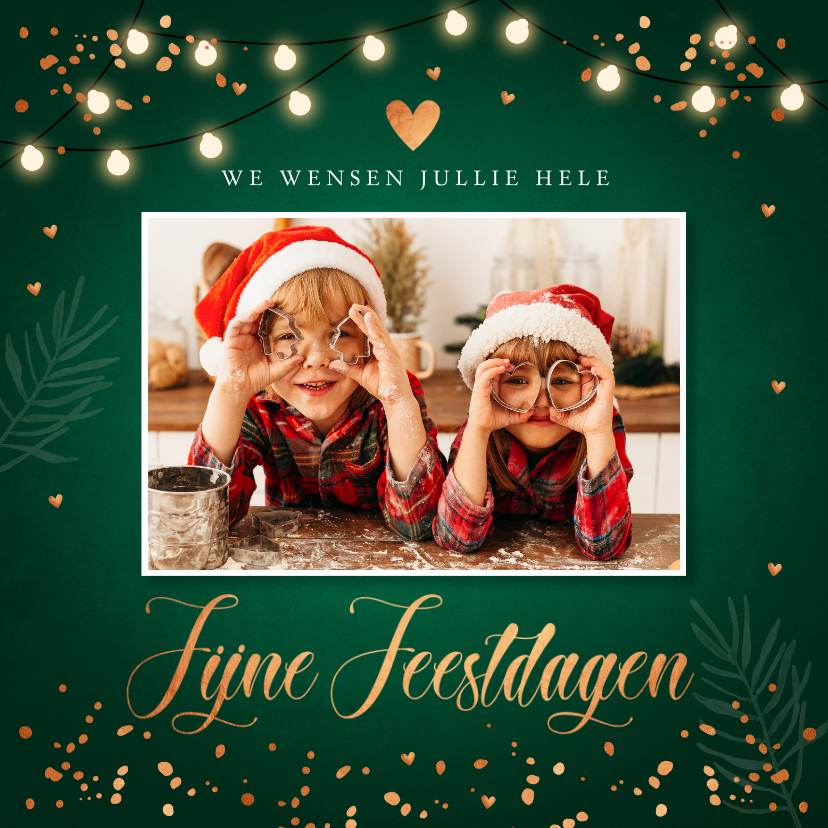 Kerstkaart groen foto lampjes confetti koperlook - Kerstkaarten Kerstkaarten - Kerstkaart groen foto lampjes confetti koperlook