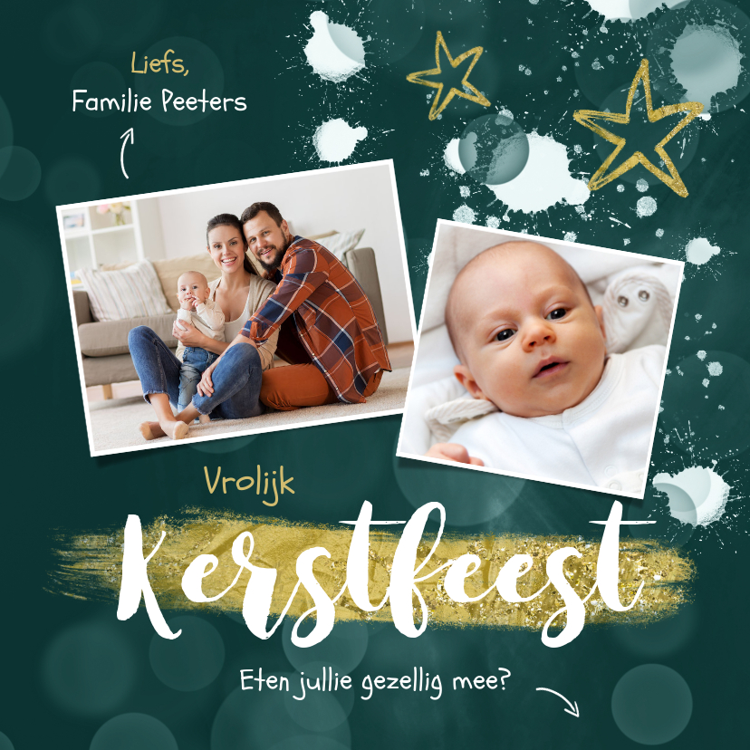 Kerstkaart groen goud spetters sterren kerstdiner - Kerstkaarten Kerstkaarten - Kerstkaart groen goud spetters sterren kerstdiner