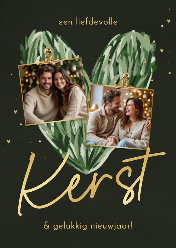 Kerstkaarten - Kerstkaart groen hart hulst met twee foto's goudlook