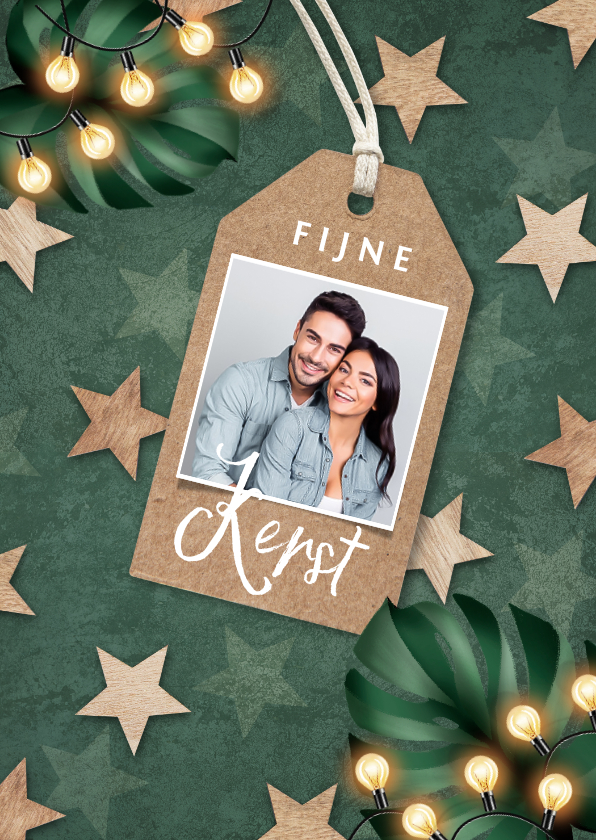 Kerstkaart groen lampjes sterren label foto - Kerstkaarten Kerstkaarten - Kerstkaart groen lampjes sterren label foto