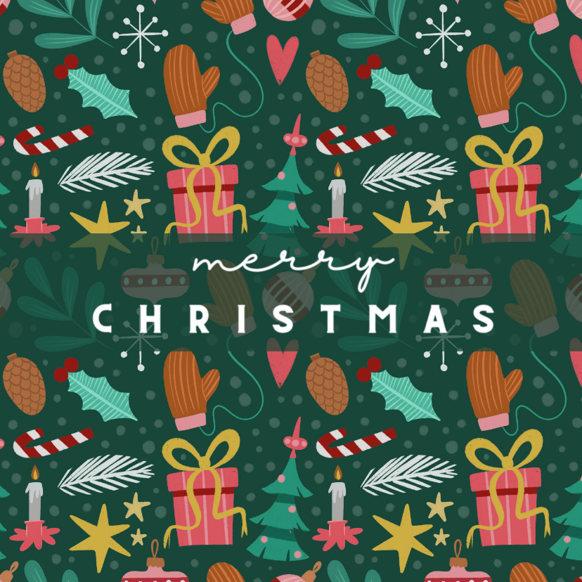 Kerstkaarten - Kerstkaart groen met vrolijke ornamenten vierkant
