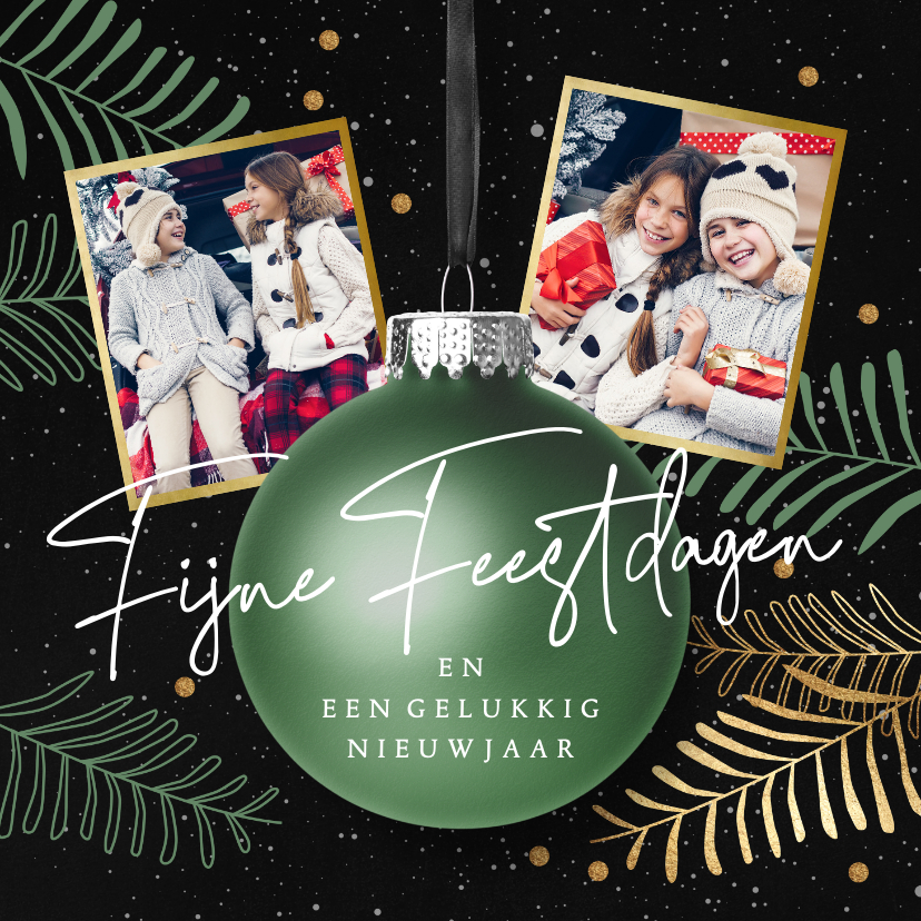 Kerstkaart groene kerstbal en twee foto's - Kerstkaarten Kerstkaarten - Kerstkaart groene kerstbal en twee foto's