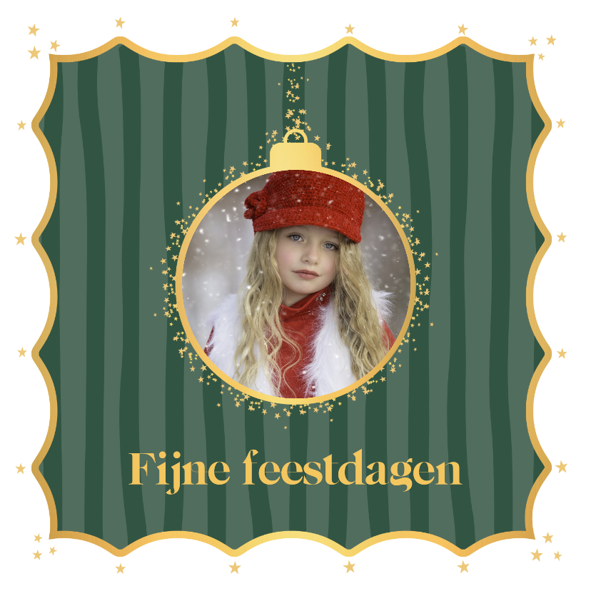 Kerstkaart groene strepen sterren en foto kerstbal - Kerstkaarten Kerstkaarten - Kerstkaart groene strepen sterren en foto kerstbal