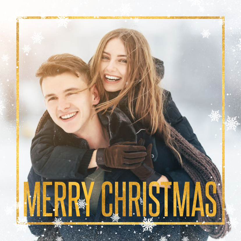 Kerstkaart grote foto met gouden tekst en kader - Kerstkaarten Kerstkaarten - Kerstkaart grote foto met gouden tekst en kader