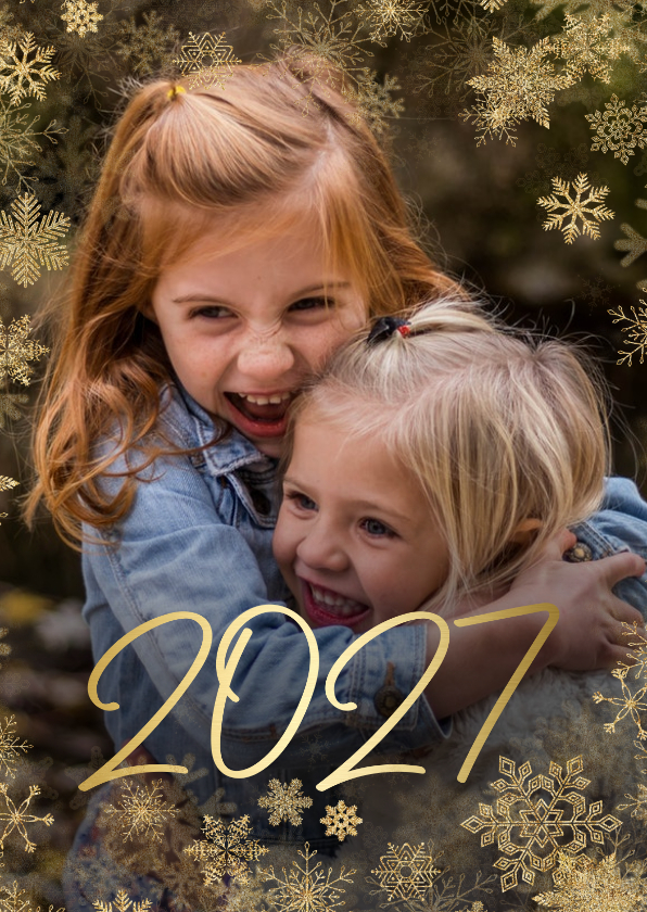Kerstkaarten - Kerstkaart grote foto met sneeuwkader en gouden 2027