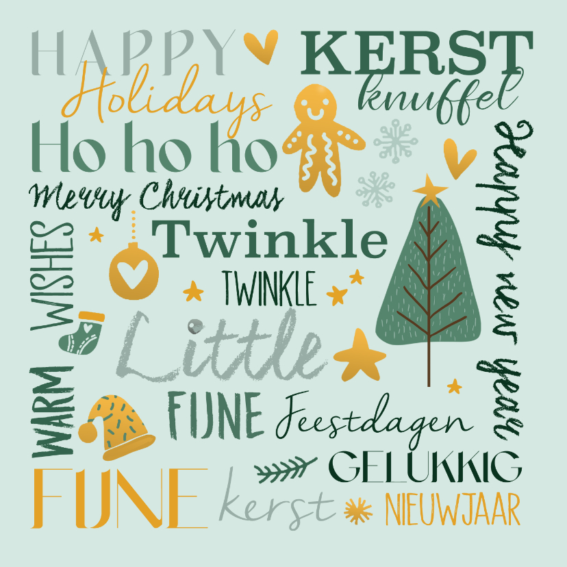 Kerstkaart handlettering in groen en wam geel - Kerstkaarten Kerstkaarten - Kerstkaart handlettering in groen en wam geel